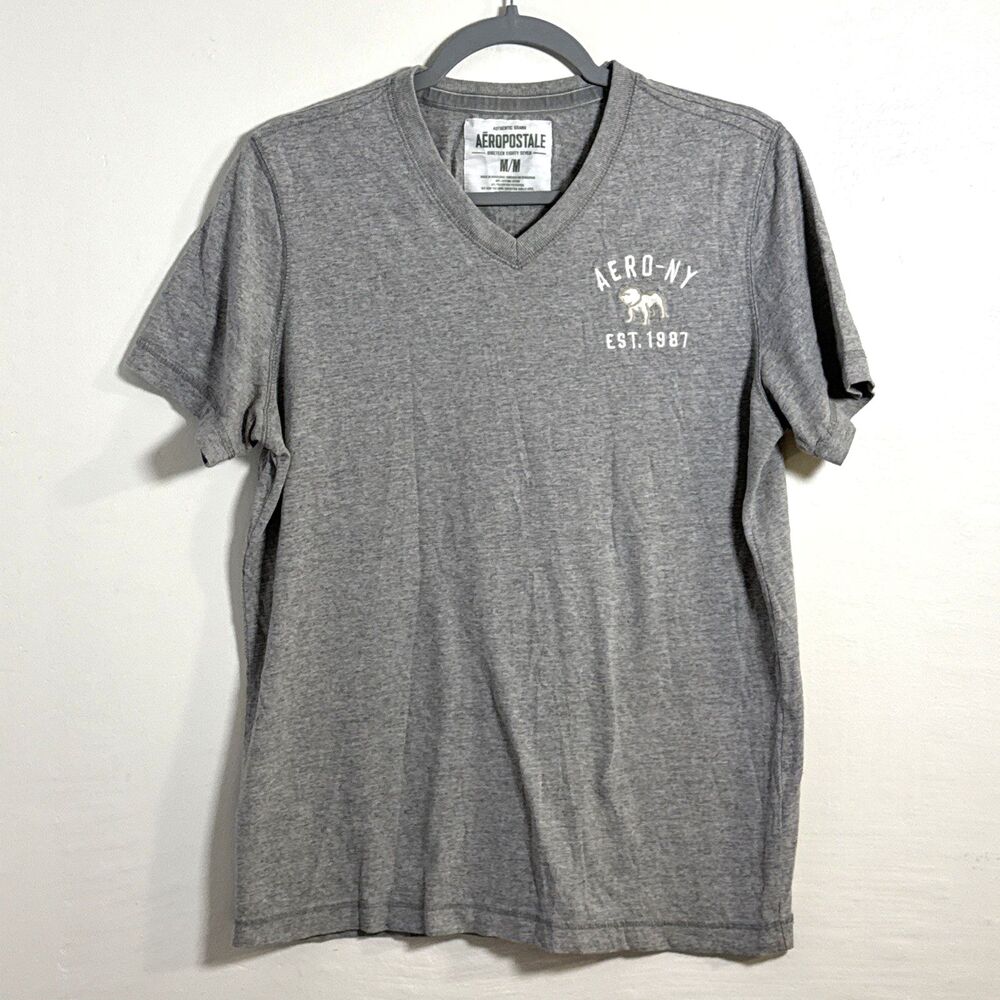 Aeropostale Men's Gray T-Shirt Medium V Neck  AERO-NY EST 1987 Dog Y2K Casual